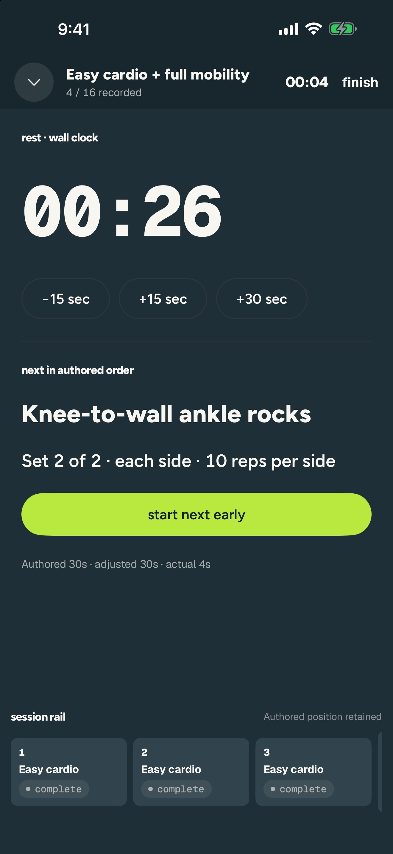 Setline rest timer after a completed set, with the next target ready