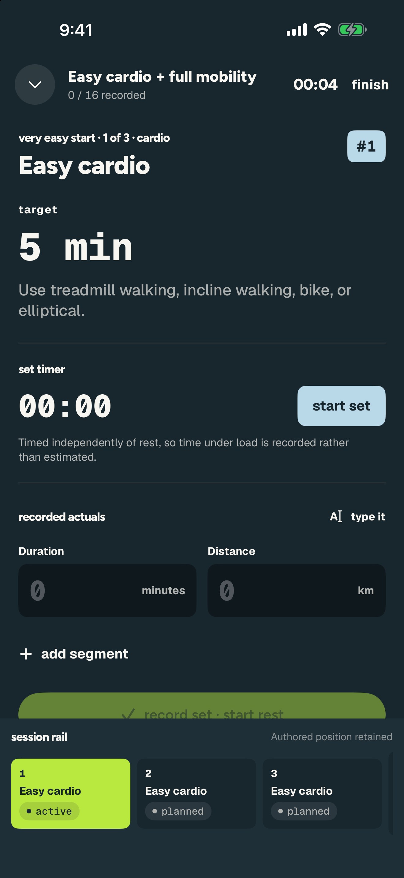 Setline workout player showing the current set: an easy cardio target of 5 minutes, the set timer, fields for recorded actuals, and the session rail